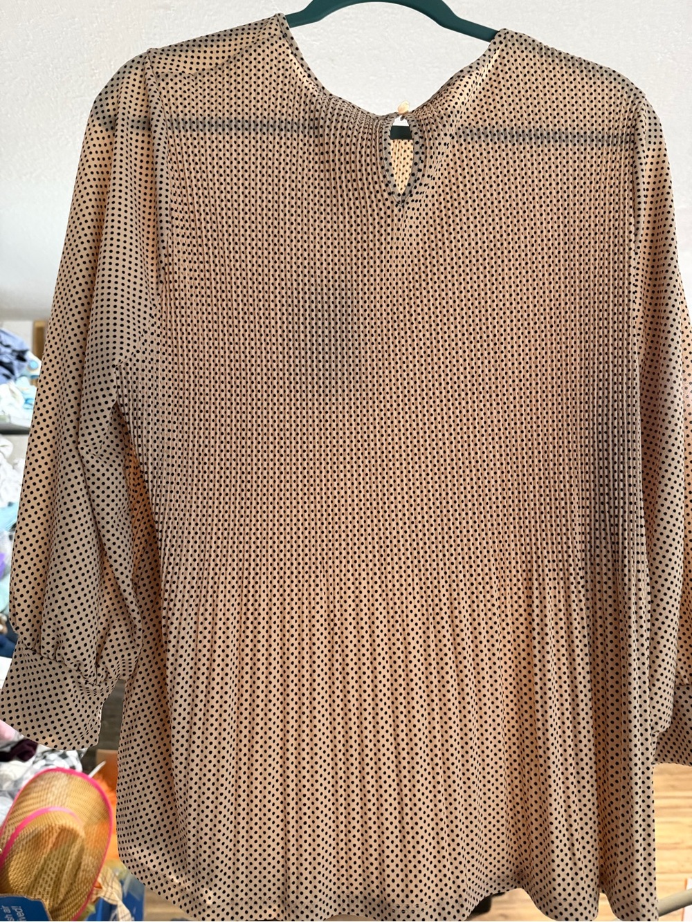 Adrianna Papell Womens XL Top Polka Dot Pleated Blouse Long Sleeve‎ Trapeze